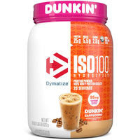 Thumbnail for Dymatize x Dunkin' Cappuccino ISO100 Whey Protein Powder, 95mg Caffeine, 25g of Protein, 20 Servings, 5.5g BCAAs, 120 Cal., Gluten Free, 1g Fat, 1g Sugar, 2g Carb