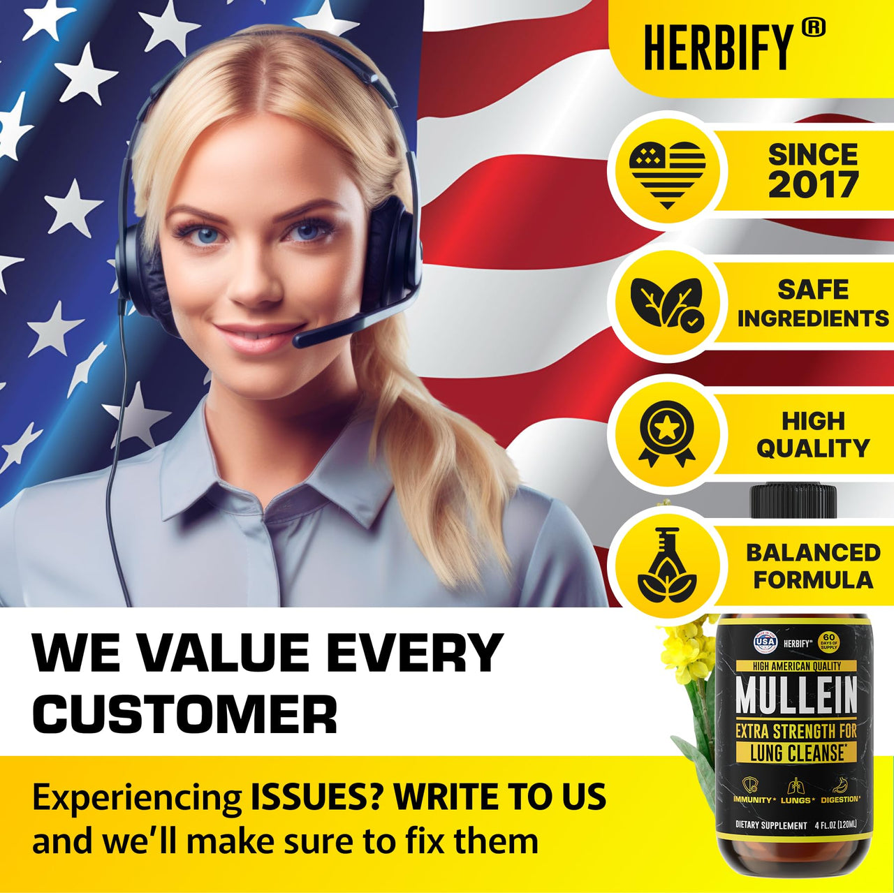 HERBIFY Mullein Drops - Lung Cleanse - Leaf Extract - Powerful Mullein for Immune Support,Detox & Respiratory Support - Made in USA - Lung Cleanse for Smokers - 4 Oz