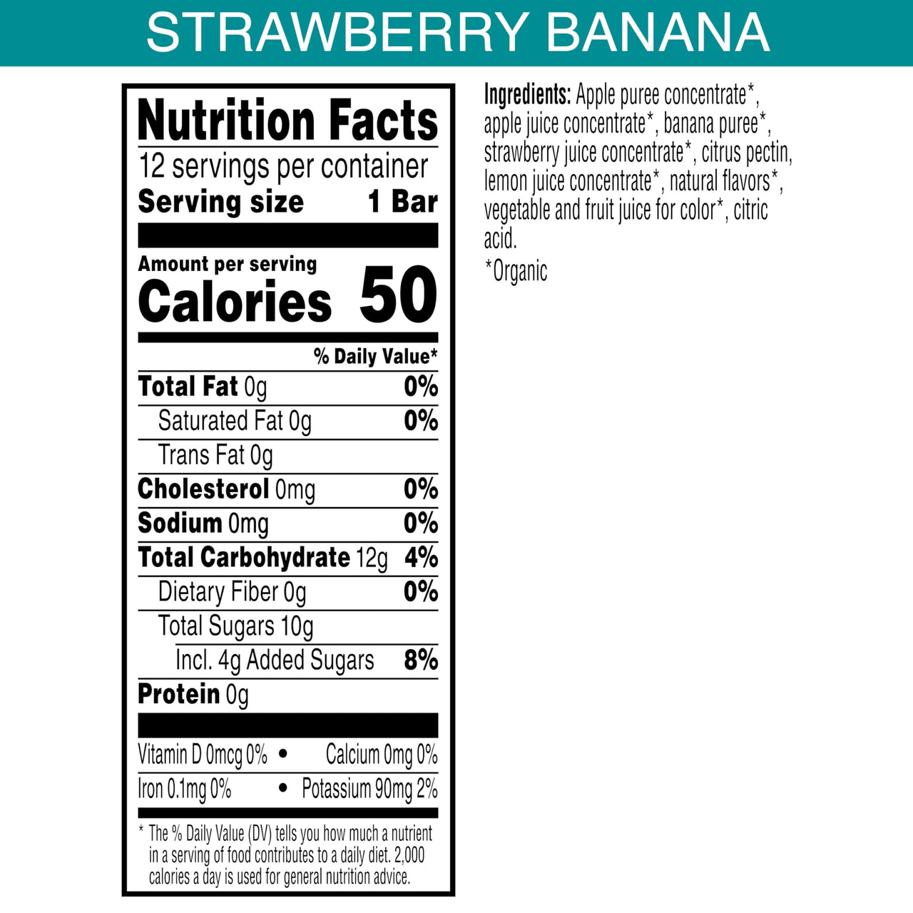 Pure Organic, Layered Fruit Bars, Strawberry Banana, Gluten Free and Vegan Fruit Snacks, 6.2oz Box (12 Count)