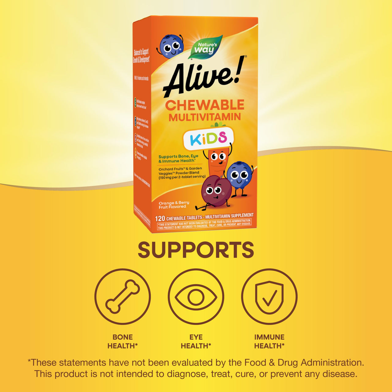 Nature's Way Alive! Children's Daily Chewable Multivitamin Supports Bone, Eye, Immune Health*, Orange and Berry Fruit Flavored, Gluten Free, 120 Tablets