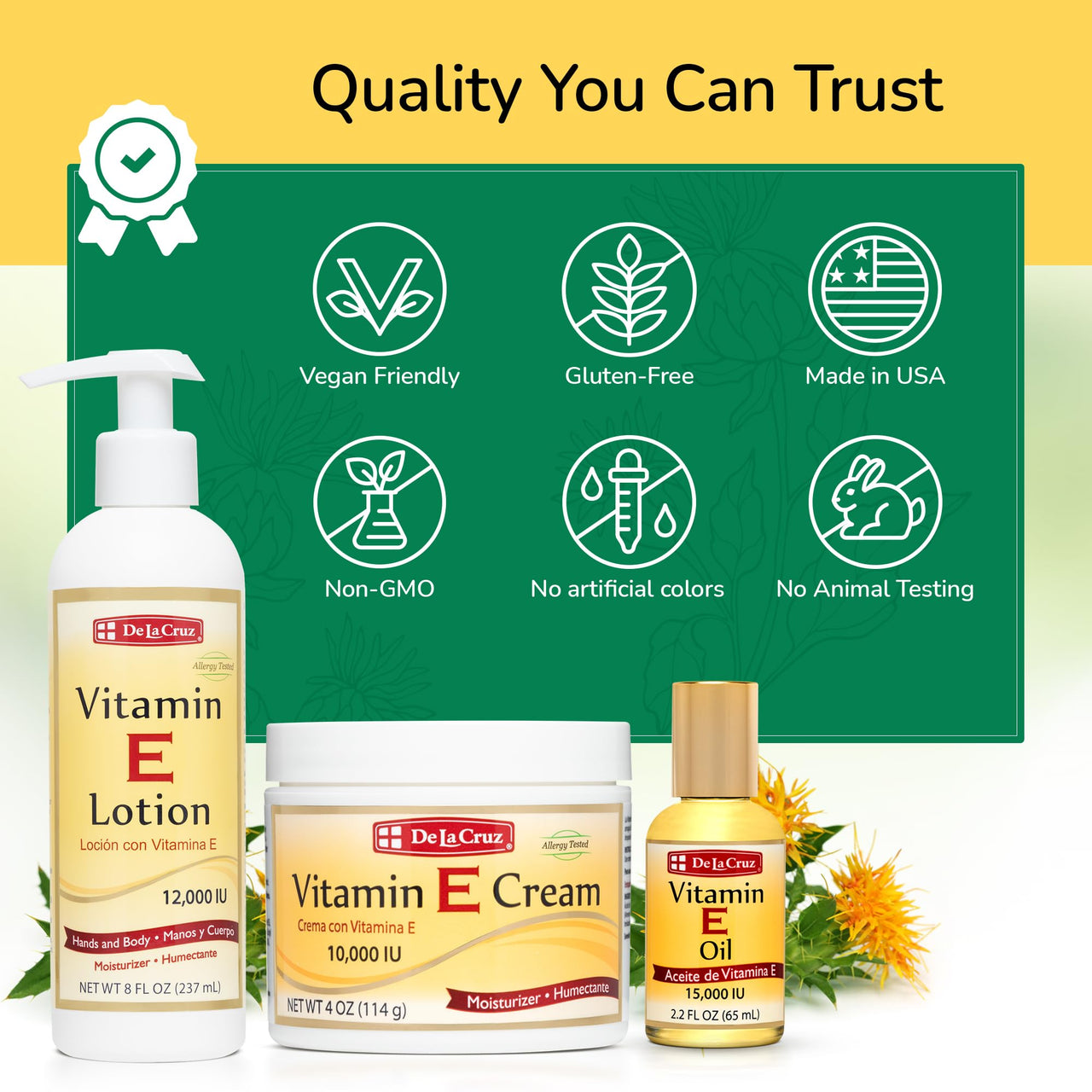 De La Cruz - Vitamin E Cream, Lotion and Oil Bundle - Moisturizer for All Skin Types