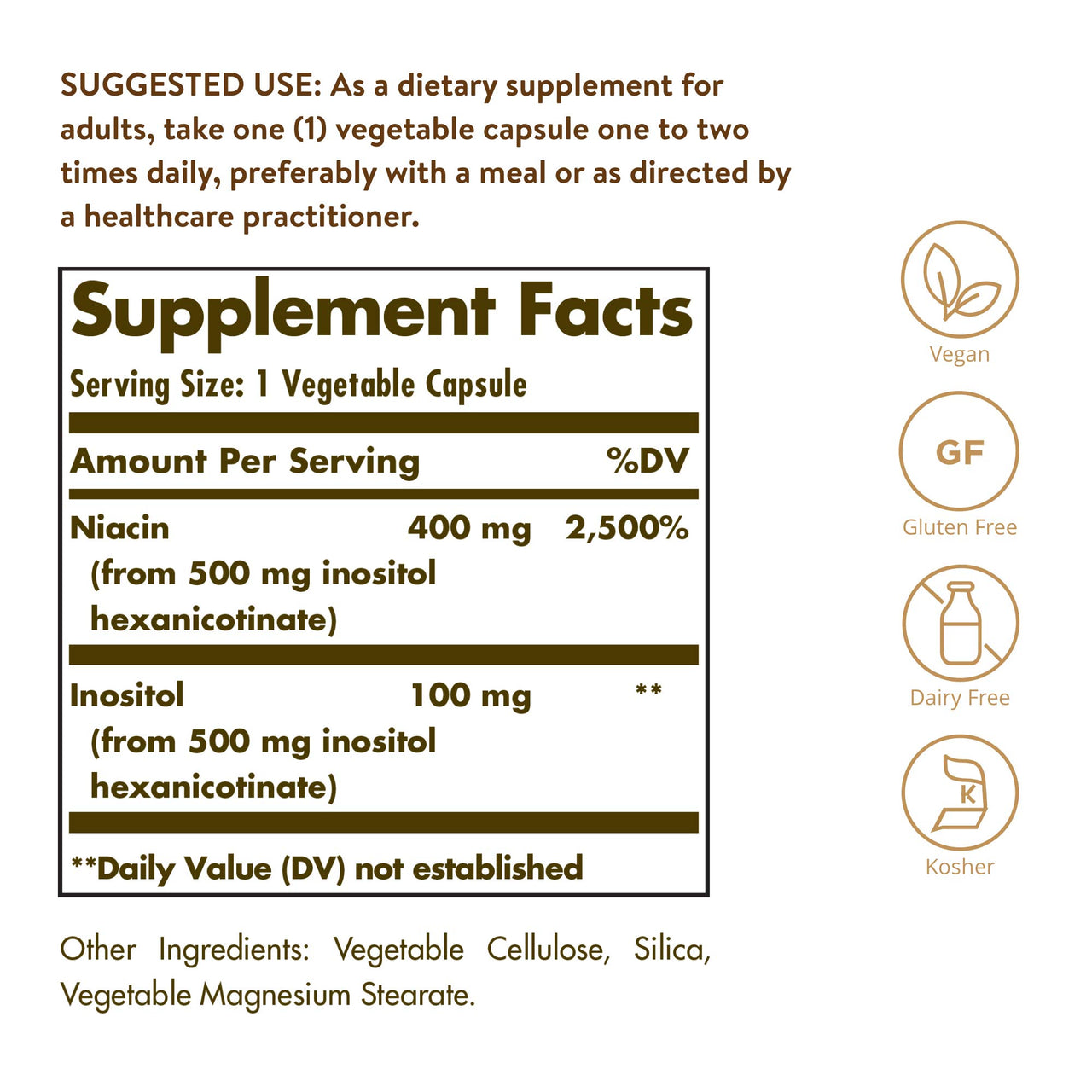Solgar No-Flush Niacin 500 mg, 250 Vegetable Capsules - Supports Energy Metabolism - No-Flush Delivery - Vegan, Gluten Free, Dairy Free, Kosher - 250 Servings