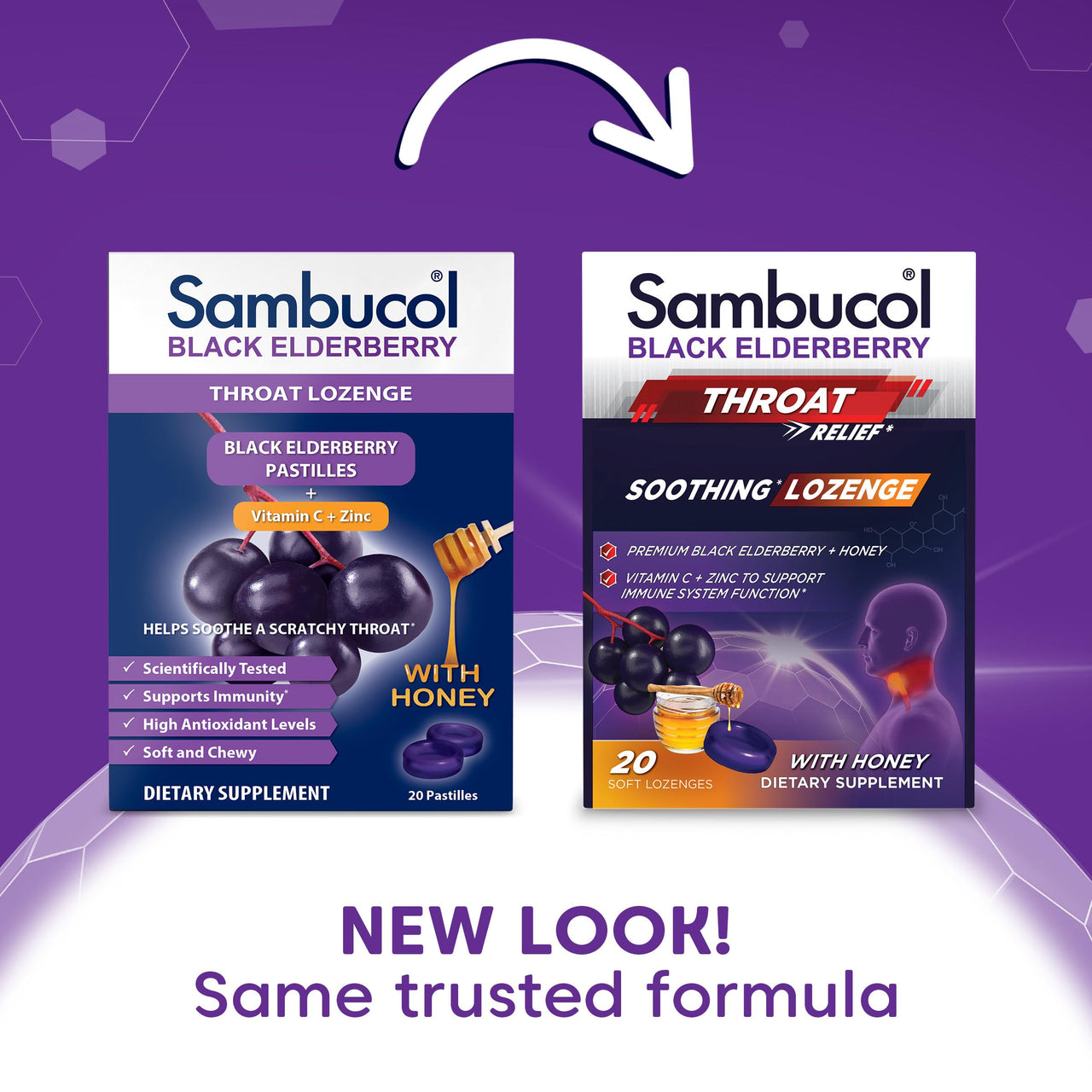 Sambucol Black Elderberry Throat Lozenge - Sore Throat Drops with Black Elderberry, Honey, Vitamin C & Zinc, Sore Throat Relief for Adults & Kids, Soothes Cough, Soft & Chewy - 20 Count