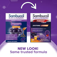 Thumbnail for Sambucol Black Elderberry Throat Lozenge - Sore Throat Drops with Black Elderberry, Honey, Vitamin C & Zinc, Sore Throat Relief for Adults & Kids, Soothes Cough, Soft & Chewy - 20 Count