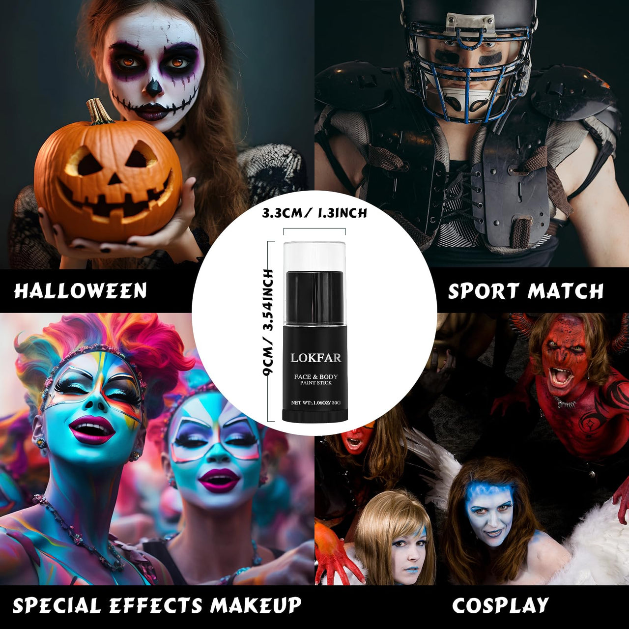 LOKFAR White Face Body Paint Stick, Eye Black Stick for Sports, Waterproof Full-Coverage White Foundation Face Makeup for Halloween Zombie Clown Vampire Skeleton Skull Joker Goth Cosplay Makeup