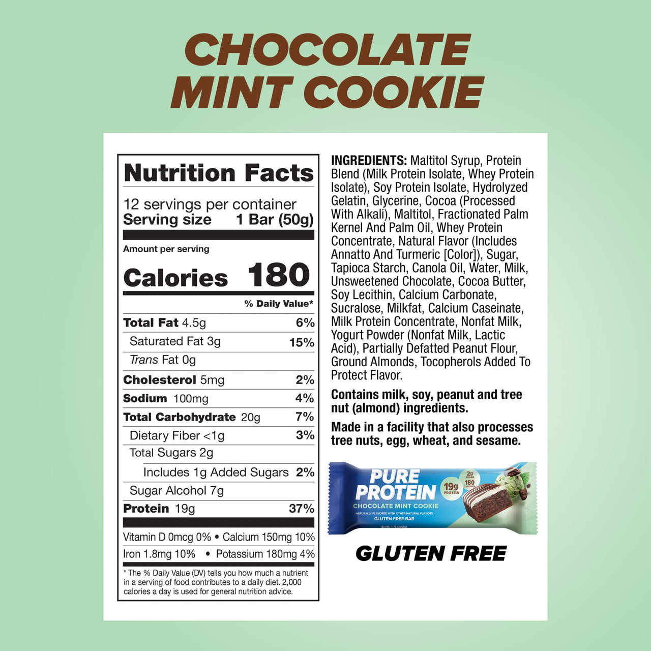 Pure Protein Chocolate Mint Cookie Protein Bars – 20g Protein, 3g Sugar, 190 Calories (12 count) Low Sugar* High Protein Snack - Gluten Free - Perfect for a Healthy Snack