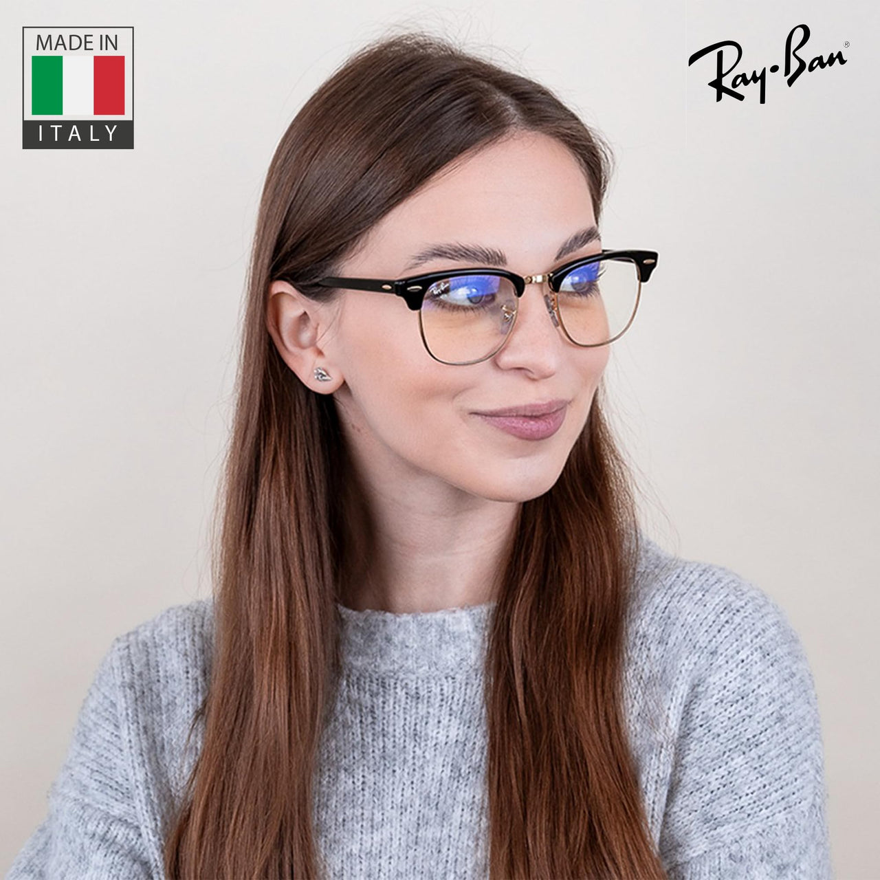 Ray-Ban RB3016 CLUBMASTER Blue-light Clear Square Shape Sunglasses With Eyewear Kit Bundle - Adjustable Nose Pads - Ideal Formal and Casual Wear Square Sunglasses