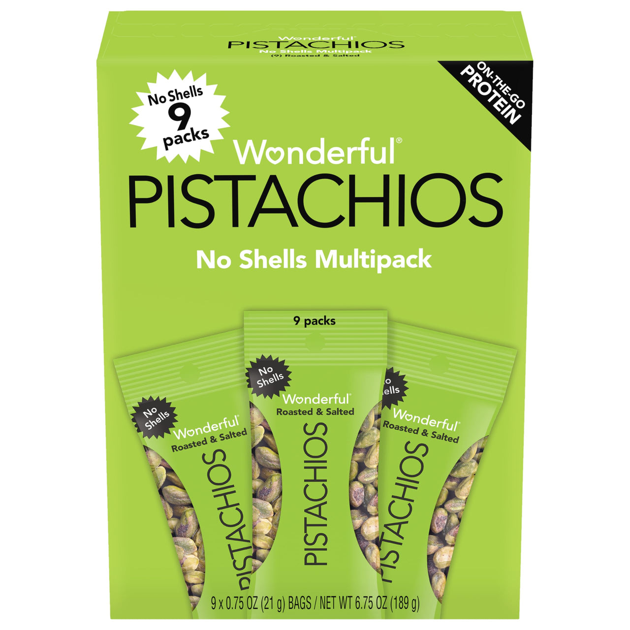 Wonderful Pistachios No Shells, Roasted & Salted Nuts, 0.75 Ounce Bag (Pack of 9), Protein Snacks, Gluten Free, On-the-Go, Individually Wrapped Snacks