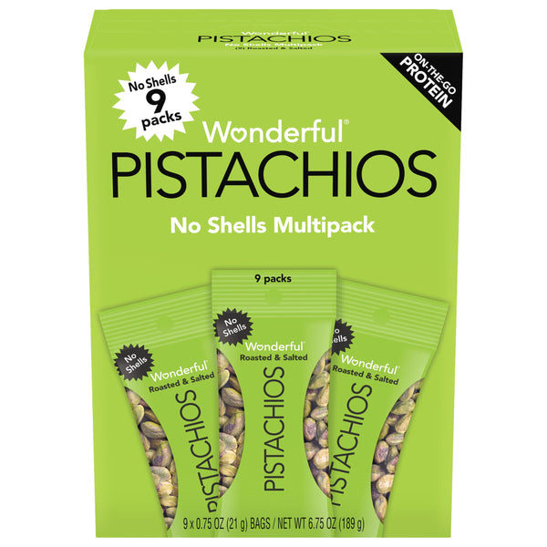 Wonderful Pistachios No Shells, Roasted & Salted Nuts, 0.75 Ounce Bag (Pack of 9), Protein Snacks, Gluten Free, On-the-Go, Individually Wrapped Snacks