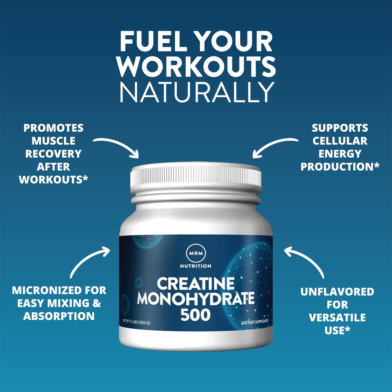 MRM Nutrition Creatine Monohydrate 500 - for Men and Women, Pure & Micronized, Contains Amino Acids for Muscle Recovery & Energy Production, Keto, Vegan, Unflavored, & Low-Carb Friendly - 100 Servings