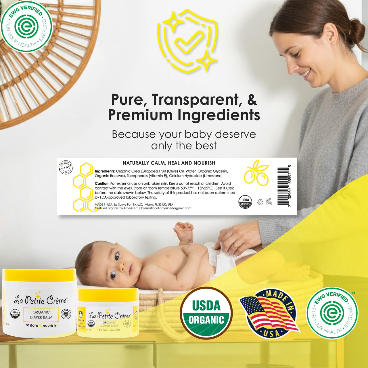 La Petite Creme French Organic Diaper Balm (1 oz) - Healing & Nourishing Diaper Cream - Gentle & Safe Liniment Baby Lotion - USDA Certified Organic - Baby Essentials for Newborn