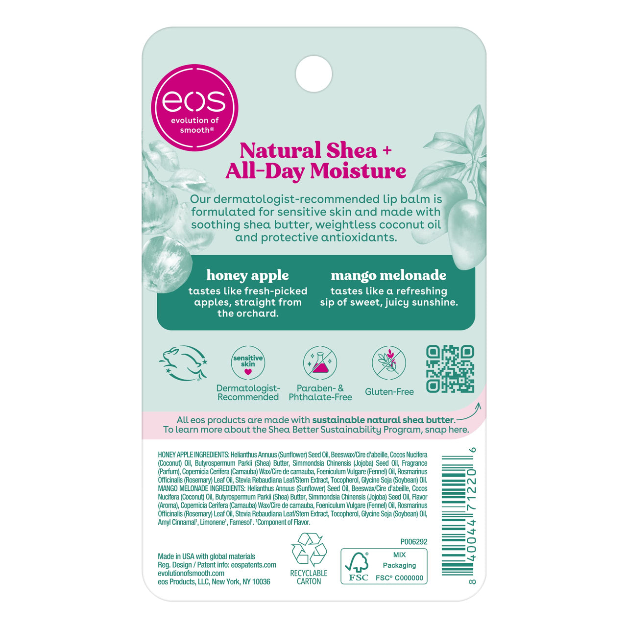 eos Natural Shea Lip Balm, Honey Apple & Mango Melonade, All-Day Moisture, Lip Care Products, 0.14 oz, 2-Pack