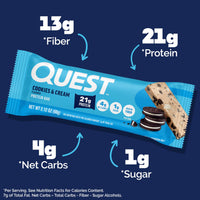 Thumbnail for Quest Nutrition Cookies & Cream Protein Bars, 21g Protein, 4g Net Carbs, 1g Sugar, High Fiber, Gluten Free, Keto Friendly, 4 Count