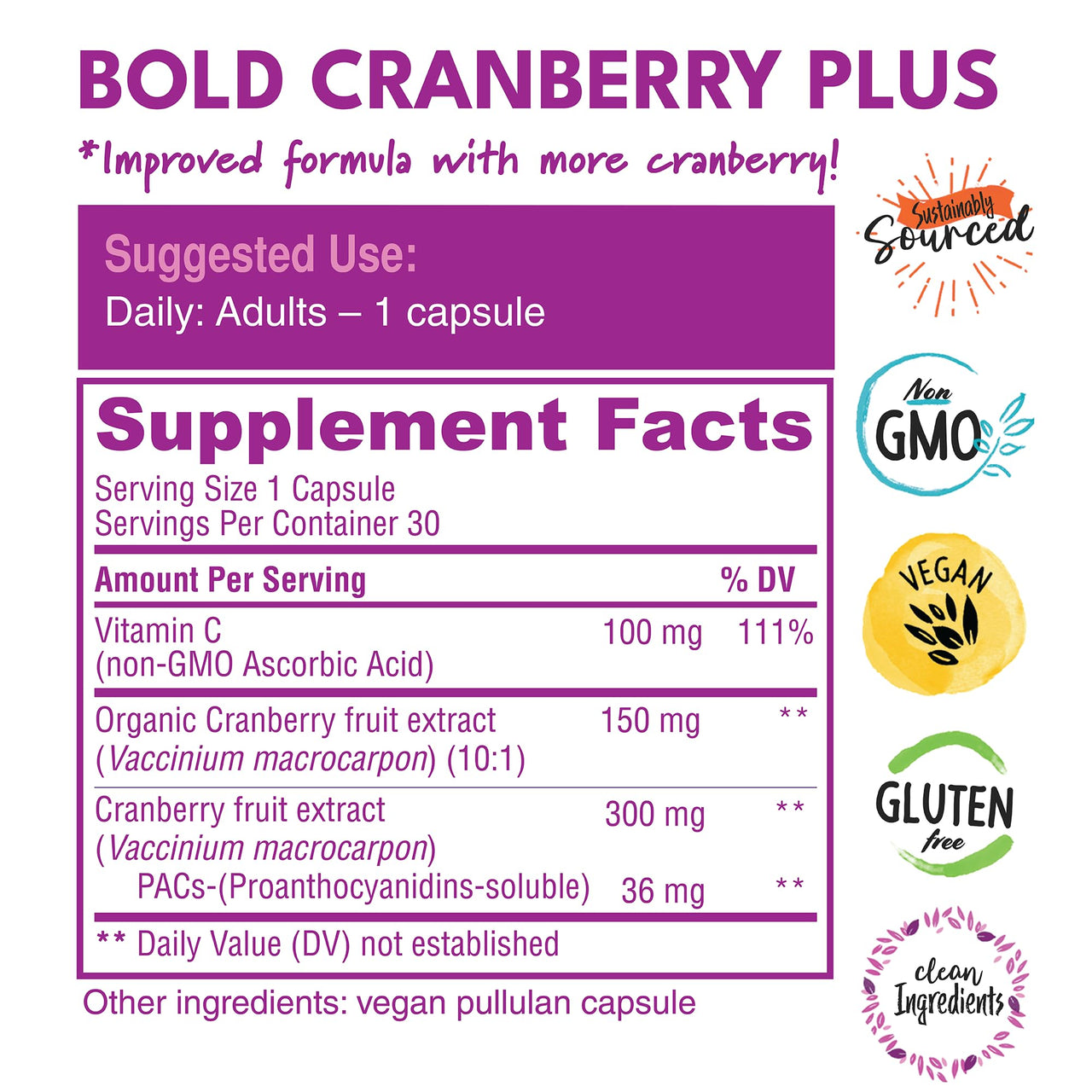 Bold Cranberry Plus Extract - 100% Soluble 36mg PACs - Cranberry Supplement for Women & Men with Urinary Tract Support, Non-GMO Vitamin C â€” 1 Caps = 1 Glass Juice â€” 30 Vegan Capsules, 1 Month Supply