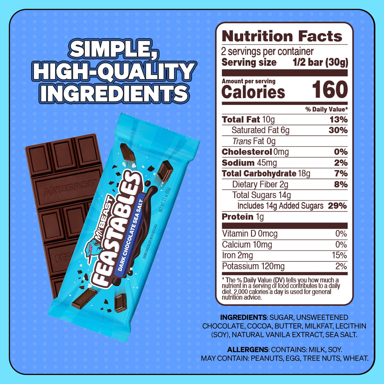MrBeast Feastables Dark Chocolate with Sea Salt Bar, King Size, 10 Count, Sweet & Salty Chocolate Candy, Fairtrade Cocoa, 2.1oz Each
