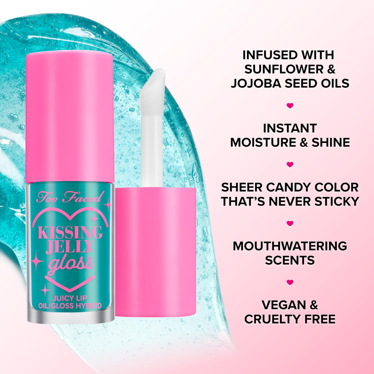 Too Faced Kissing Jelly Lip Oil Gloss | Sunflower & Jojoba Oils, Cream Soda, 0.15 Fl Oz
