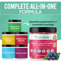 Thumbnail for Adndale 90 CT Magnesium Glycinate 400 mg Gummies with Ashwagandha, Magnesium Malate & Taurate, Sugar Free Magnesium Gummies for Adults & Kids.