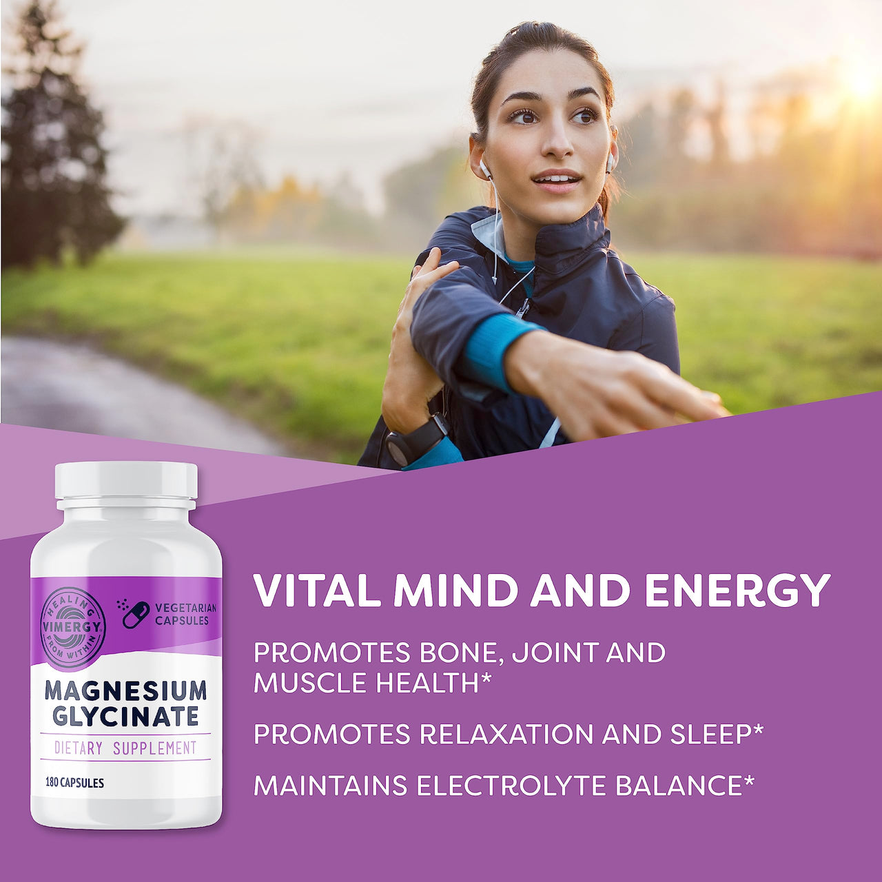 VIMERGY Magnesium Glycinate – Stress Support – Chelated to Avoid Tummy Upset*– Promotes Heart Health & Energy*– Kosher, Vegan Gluten-Free – 180 Caps