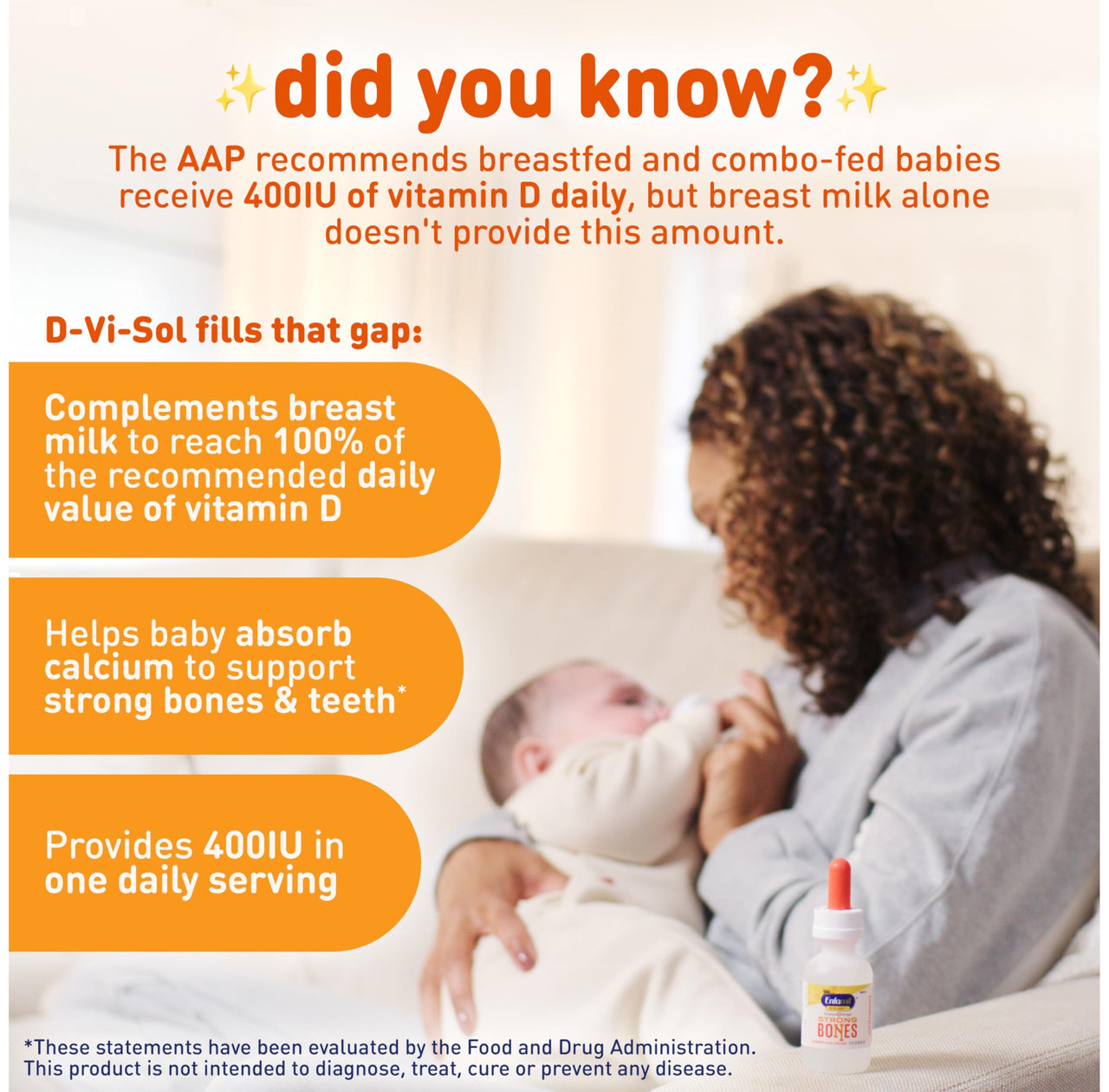 Enfamil Baby Vitamin D-Vi-Sol Liquid Supplement Drops for Infants, Supporting Strong Teeth & Bones in Newborn Babies, Easy-to-Use, Gluten-Free, 50 Day Supply, Dropper Bottle