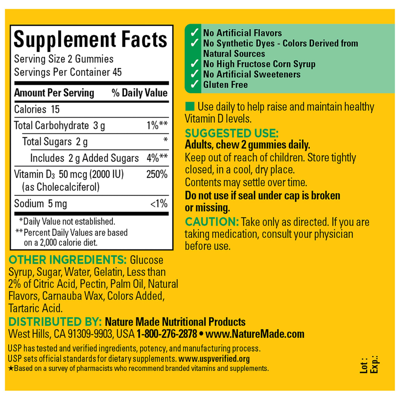 Nature Made Vitamin D3 2000 IU Per Serving Gummies, Bone, Teeth, Muscle and Immune Health Support, 45 Day Supply, 90 Vitamin D Gummies for Adults