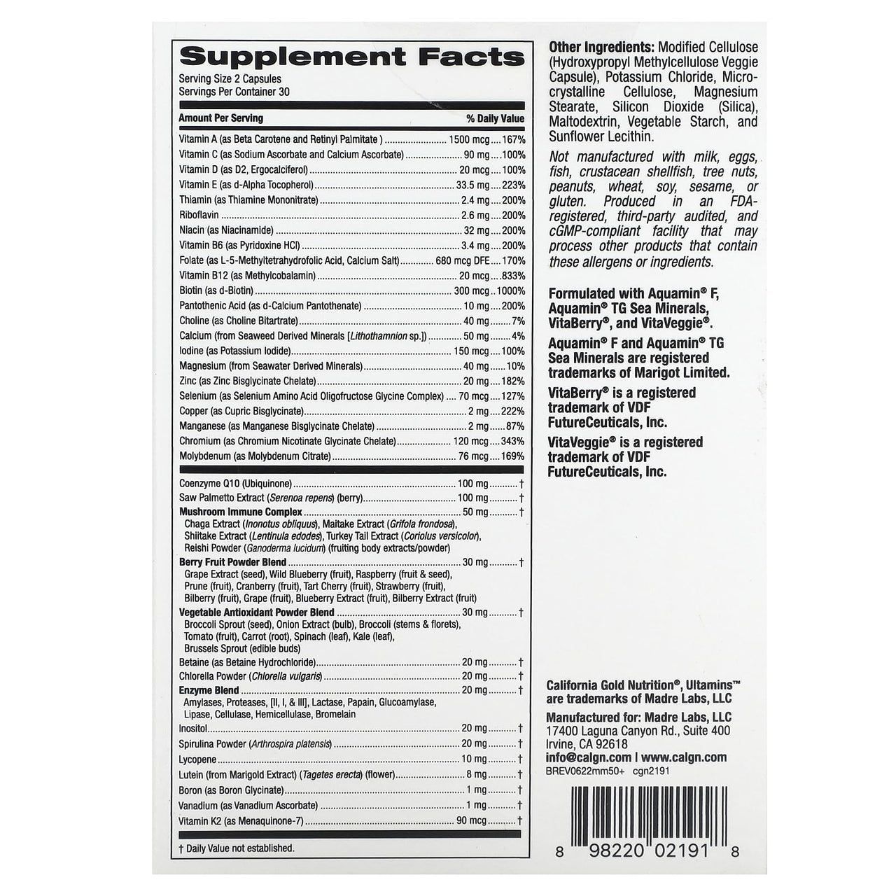 California Gold Nutrition Ultamins Men's 50+ Multivitamin with CoQ10, Mushrooms, Enzymes, Veggies & Berries, 60 Veggie Capsules