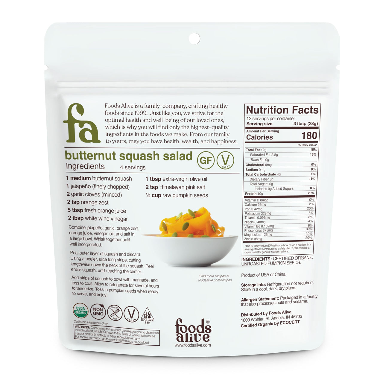 Foods Alive Organic Pumpkin Seeds, Hulled, 12 oz (340 g)