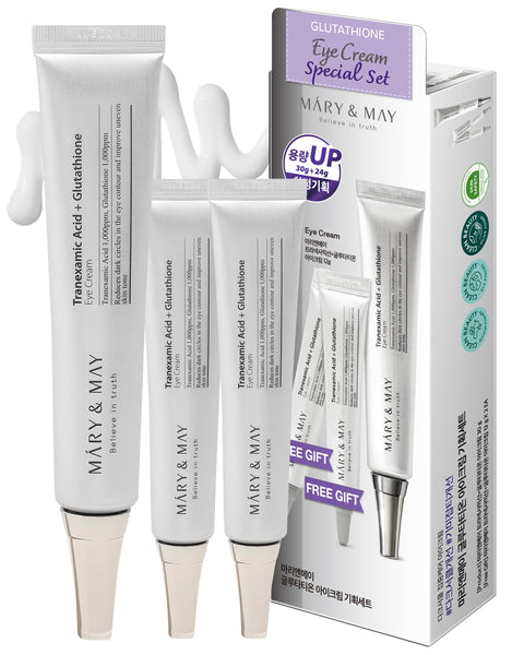 Mary&May Tranexamic Acid + Glutathione Eye Cream Set (1,000ppm each) – Brightening Under Eye Cream for Dark Circles & Uneven Tone, Vitamin C, Niacinamide – 1.01 oz + 0.4 oz Mini x2