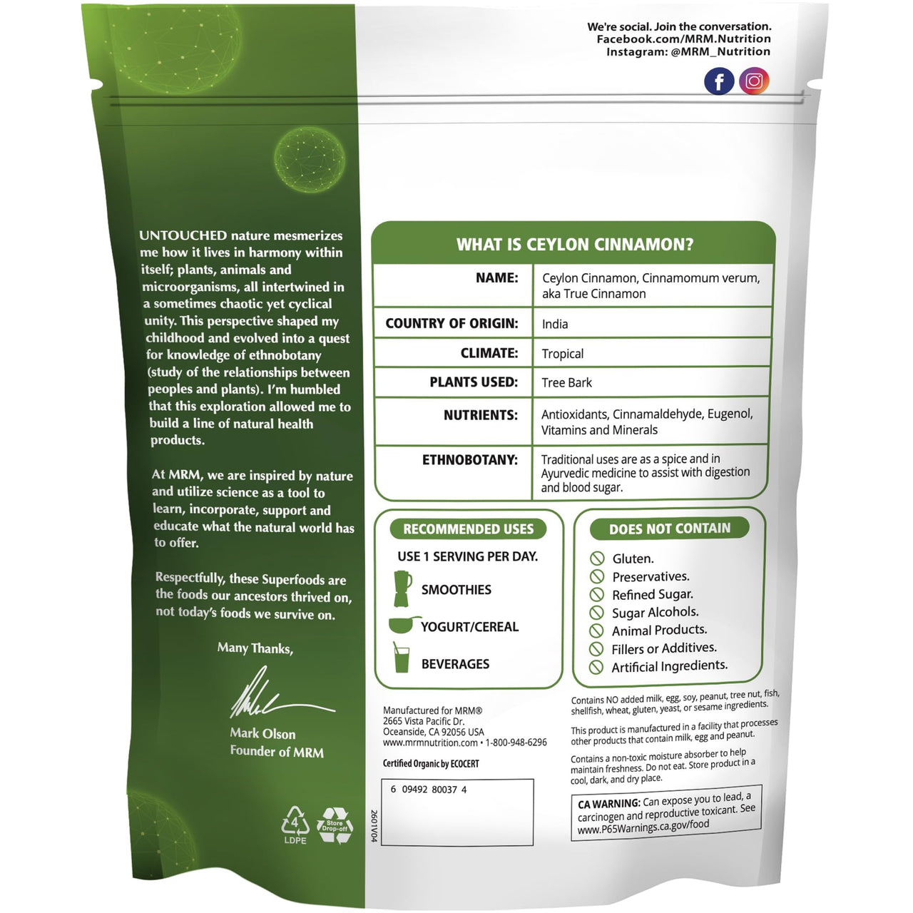 MRM Organic Ceylon Cinnamon Powder - Pure Cinnamon Powder - For Women & Men - Antioxidants and Phytonutrients for Drinks, Smoothies, Baking, and Recipes, Vegan & Gluten-Free - 113 Servings
