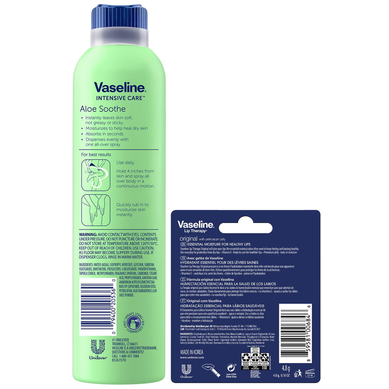 Vaseline Aloe Soothe Spray 2-Pack – Non-Greasy, Fast-Absorbing All-Over Soothing Moisturizer for Dry Skin + Original Lip Therapy for Soft, Smooth Lips
