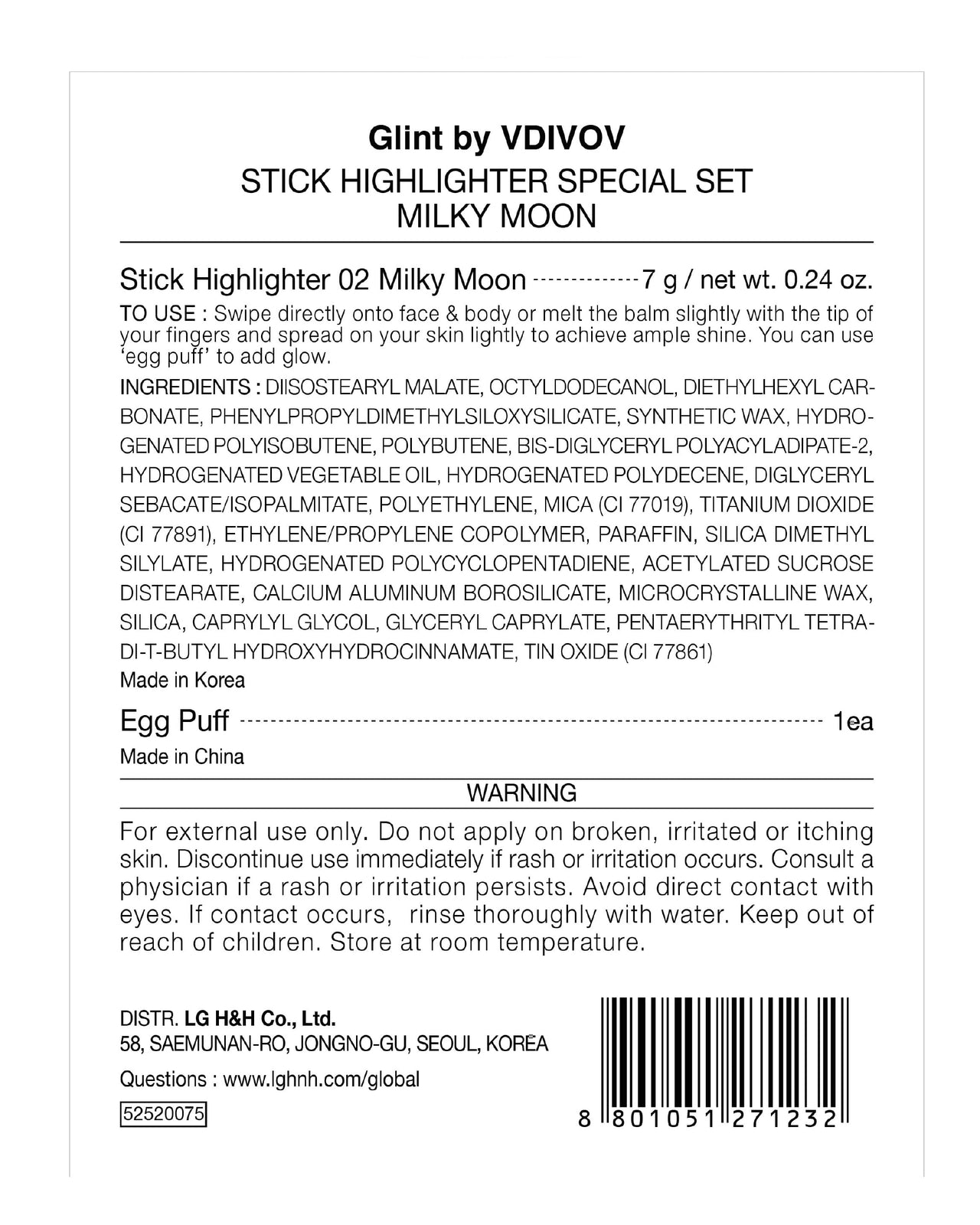 Glint Stick Highlighter Special Set (Milky Moon(Set), 0.24oz + Egg-Shaped Makeup Sponge) - Multi-Use Illuminator Stick. Korean Makeup by LG Beauty. Creamy & Blendable Color.