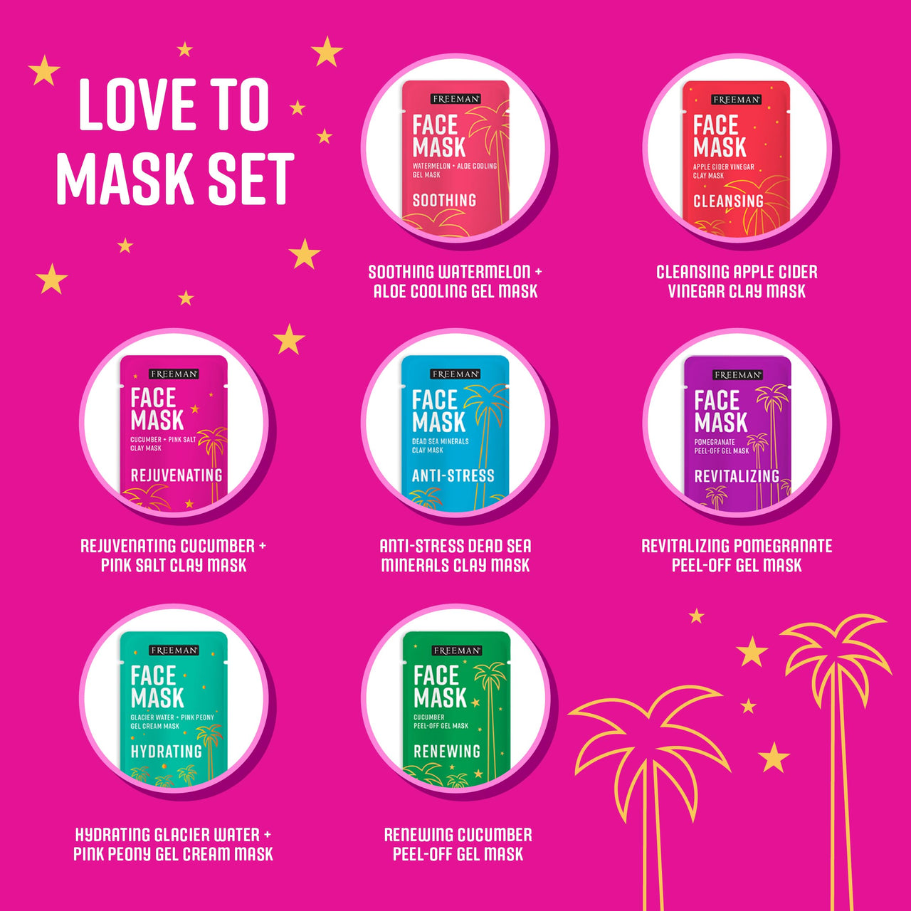 Freeman Facial Love To Mask Variety Pack: Oil Absorbing Clay, Detoxifying Charcoal, Clearing Peel Off, Hydrating Gel Cream, Exfoliating Scrub (14 Piece Kit with Bonus Buffer and Headband)