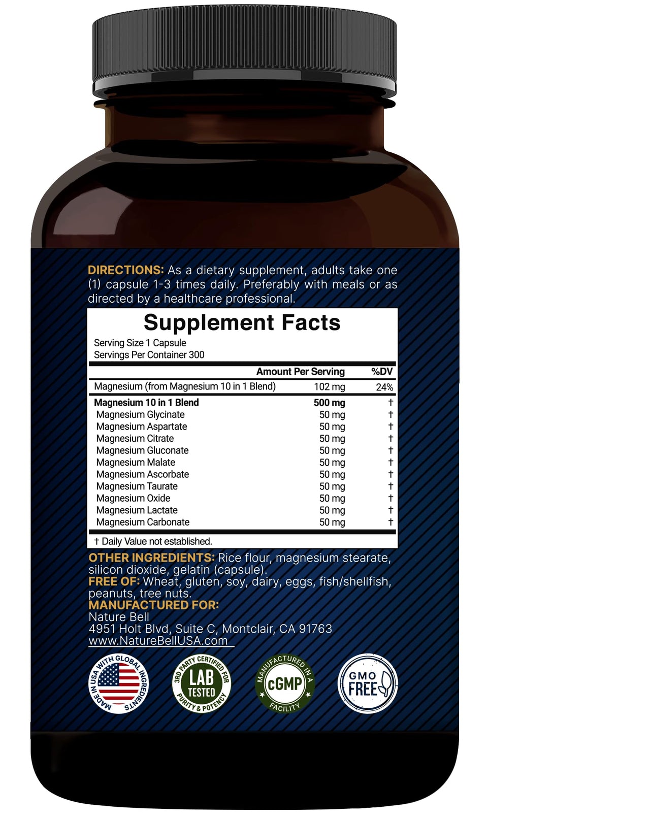 Magnesium Complex 500mg, 300 Capsules | 10-in-1 Magnesium Glycinate, Citrate, Malate & More | Chelated Form for Easy Absorption | Non-GMO