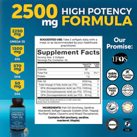 Thumbnail for Triple Strength Omega 3 Fish Oil Supplement for Men and Women – 2500 mg High-Potency, Easy-to-Absorb Re-esterified Triglyceride Form, Pescatarian-Friendly DPA EPA DHA Omega 3 Supplement, 180 Softgels