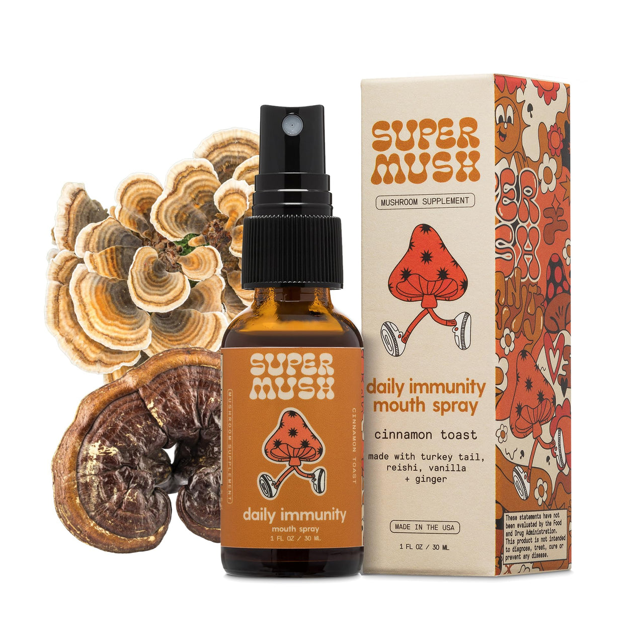 SuperMush Daily Immunity Mouth Spray Organic - Mushroom Immunity Spray Supplements - Turkey Tail & Reishi Mixed Mushrooms Extract - Immune & Digestive Health Support - 30ml Pure & Organic Turkey Tail