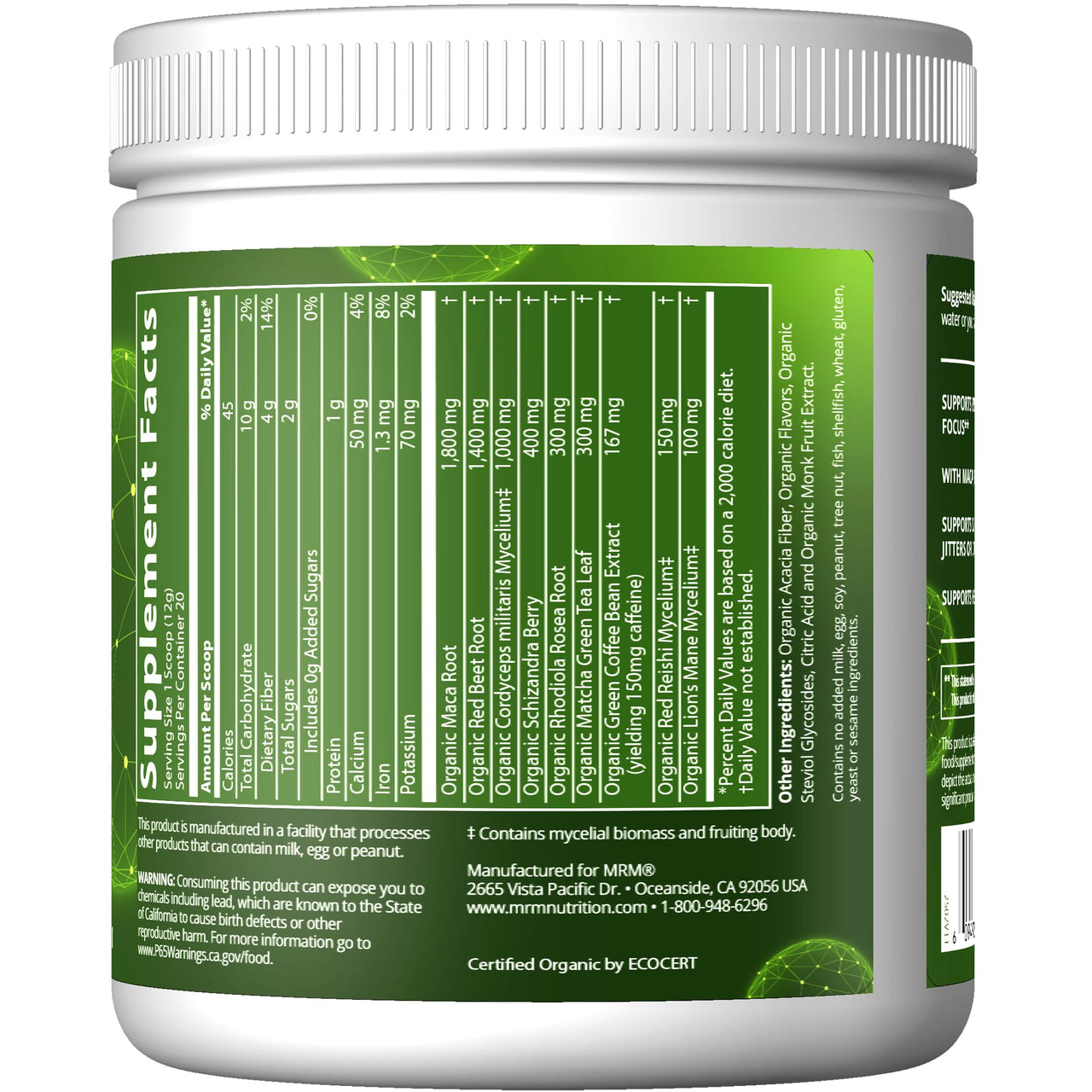 MRM Nutrition Organic Pre-Workout Powder - Women & Men, 150 mg Natural Caffeine & Adaptogens, Pure Energy, Focus & Blood Flow, Vegan, Certified Organic, Non-GMO - 20 Servings, Island Fusion Flavor