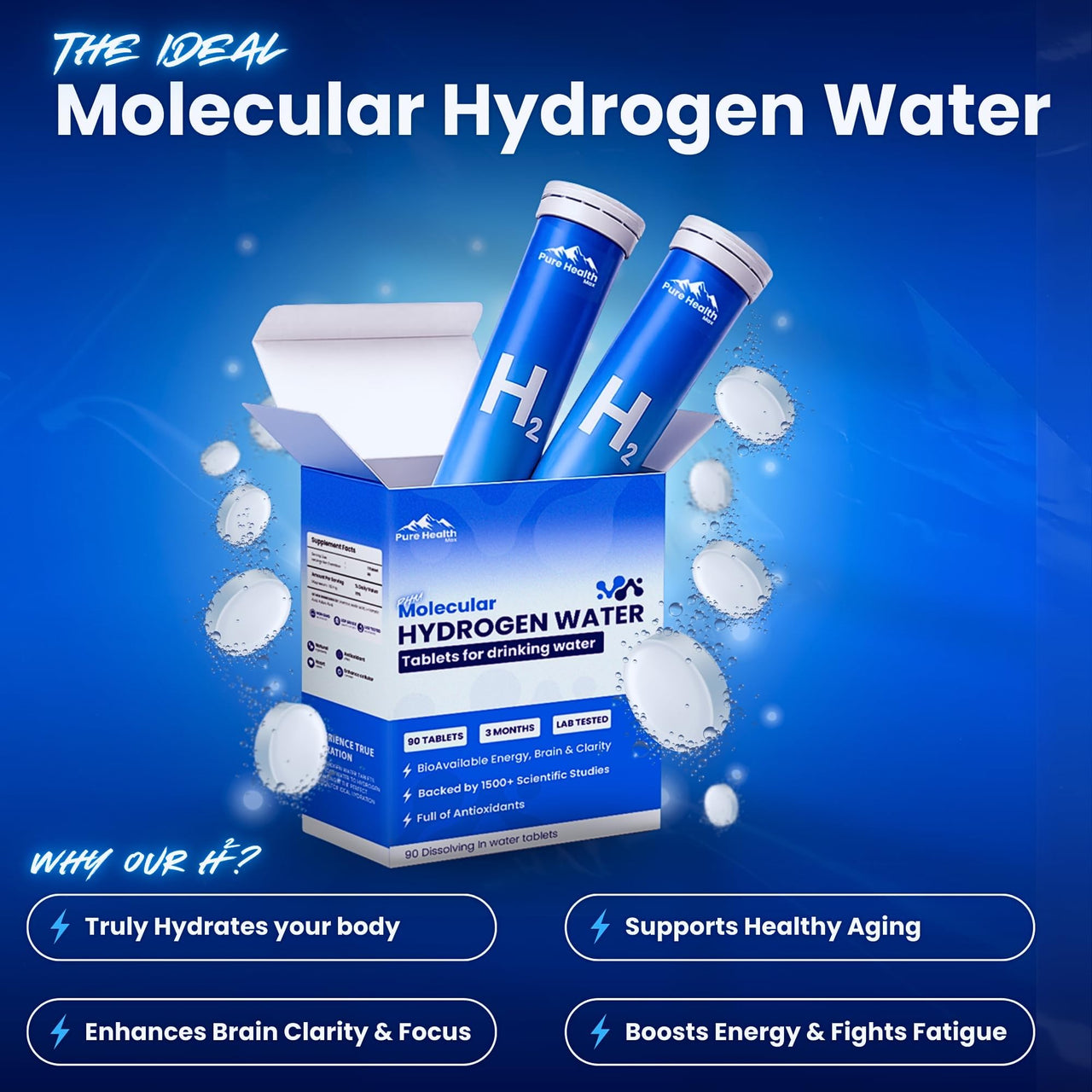 PHM Hydrogen Water Tubes, Tablets for Drinking Water - H2 Molecular Tabs | Magnesium Pills, Electrolytes Hydration Supplement to Support Healthy Aging & Energy Boost | 90 Tablets, 3 Months Supply