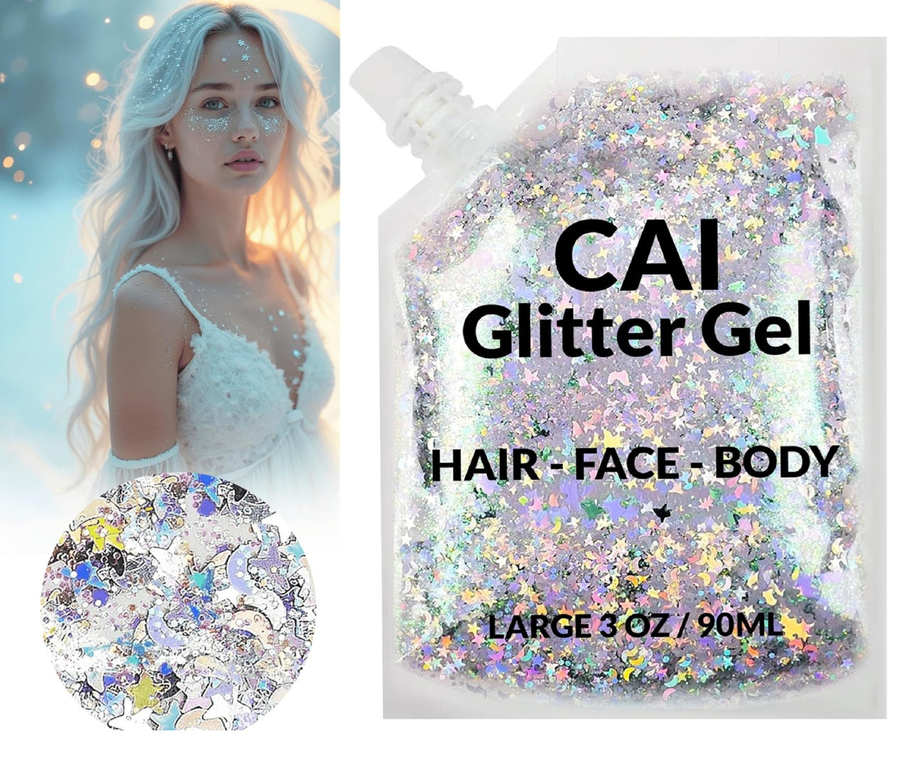 Face, Body & Hair Glitter Gel – Rave Glitter for Kids and Women – 3 Oz Cosmetic-Grade Gel w/Moon & Stars for Festivals & Halloween Party, Easy Apply & Wash Off - Silver 1Pack