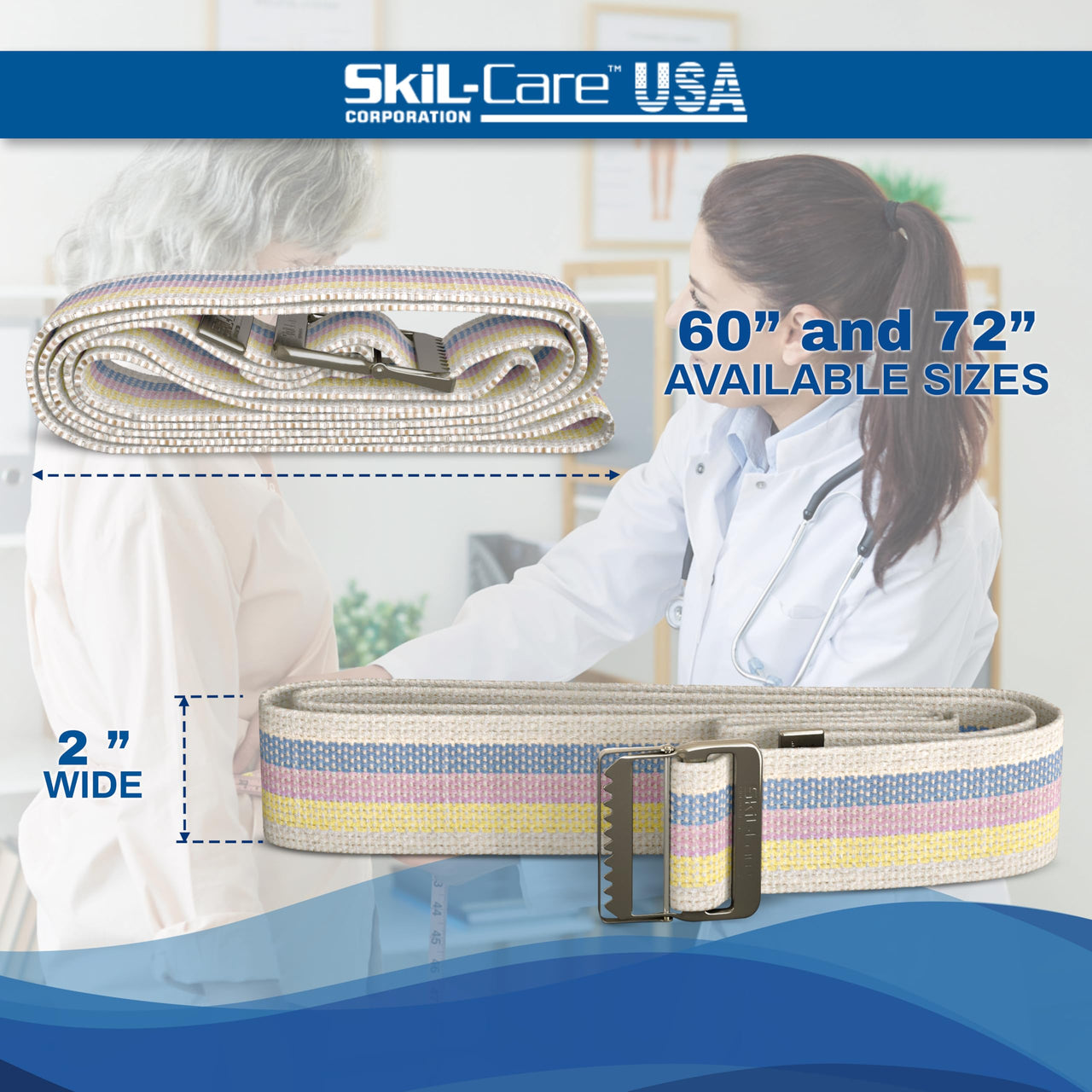 Skil-Care Cotton Gait Belt, Pastel Stripe Design, Gait Belt for Seniors, 72” L x 2” W, Secure Metal Buckle, Durable Cotton Webbing Transfer and Physical Therapy Belt, 252072