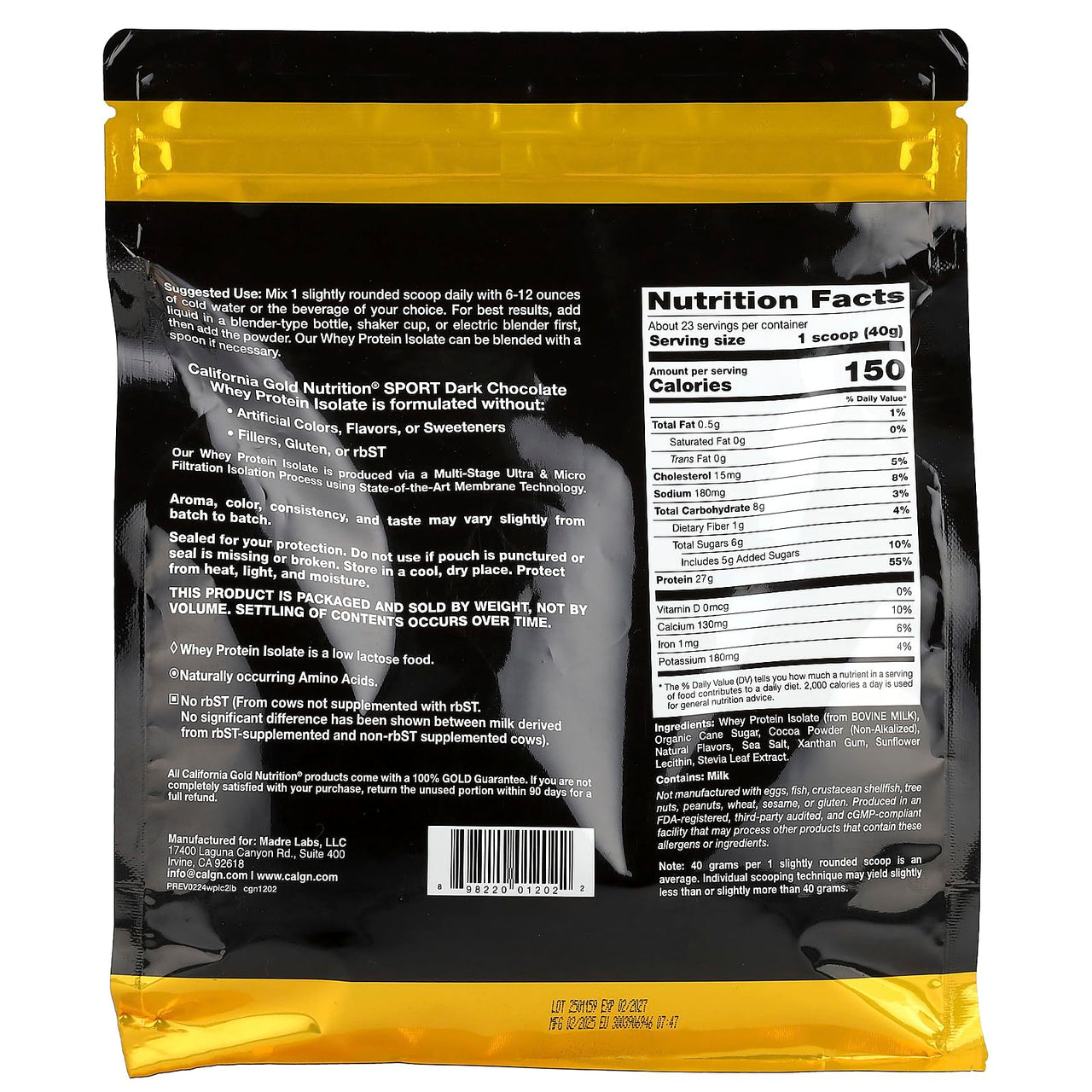 California Gold Nutrition Sport, Whey Protein Isolate, Dark Chocolate, 2 lb (907 g)