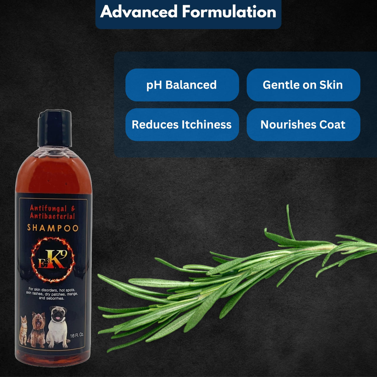 E3K9 Medicated Dog & Cat Shampoo - Antifungal & Itchy Skin Relief with Ketoc & Thymol - Hot Spot, Mange, Seborrhea Treatment - Antifungal Dog Shampoo for Yeast