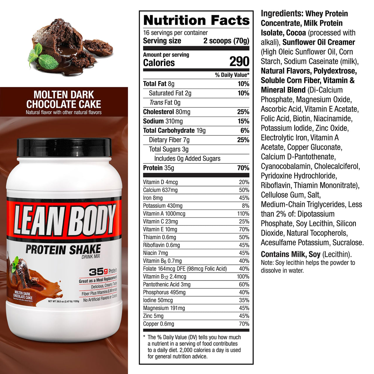 Labrada Lean Body Hi-Protein Meal Replacement Shake, Molten Dark Chocolate Cake PACKAGING MAY VARY