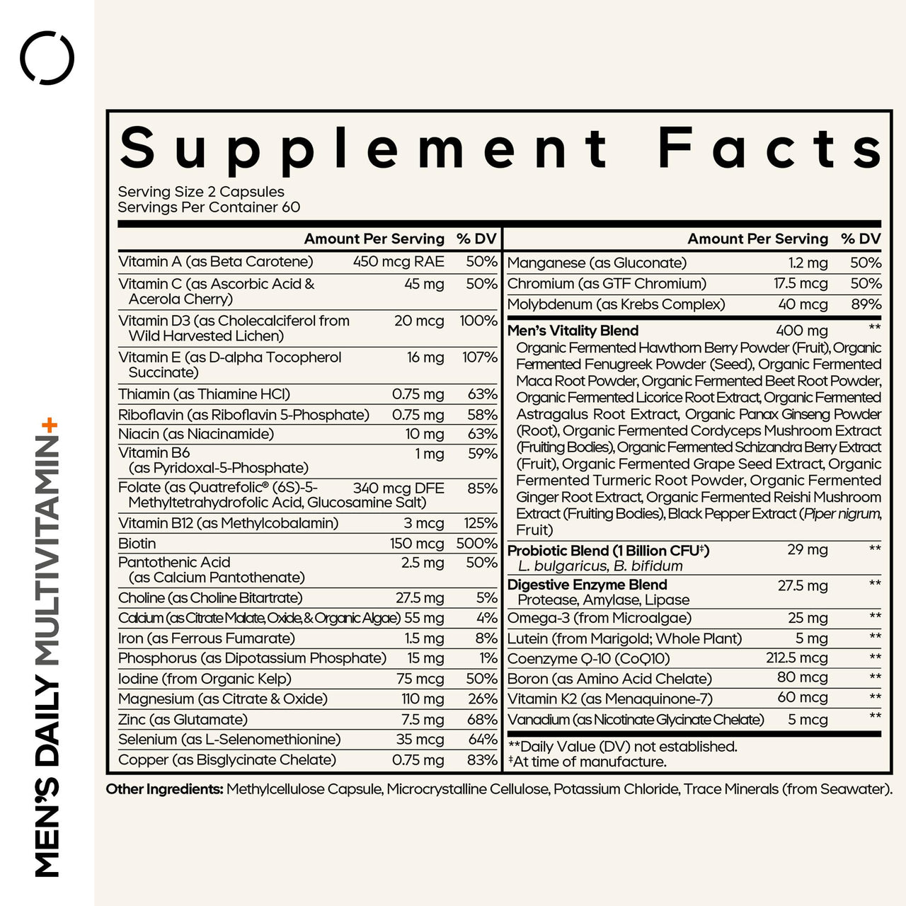 Codeage Men’s Daily Multivitamin – 25+ Essential Vitamins & Minerals, Organic Whole Foods, Probiotics, Omega-3, Zinc, Vitamins A, B, C, D, E & K, 2 Pack