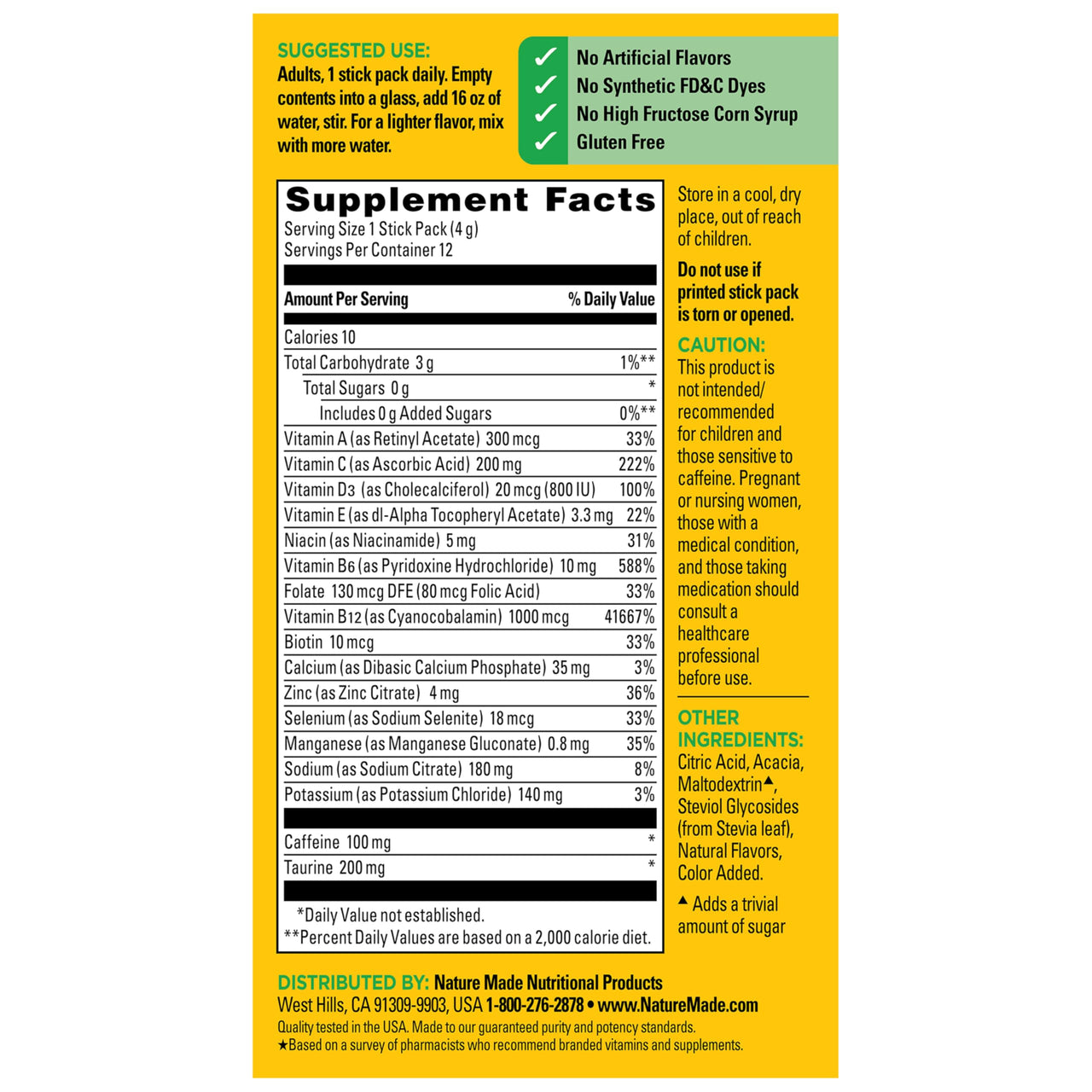 Nature Made Zero Sugar EnergyWell Drink Mix, Caffeine, B Vitamins and Electrolytes Powder, Energy & Hydration Support, 12 Sugar Free Drink Mix Packets, 12 Day Supply