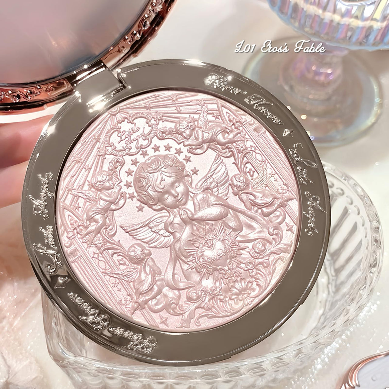 Flower Knows Little Angel Embossed Highlighter-Rosy Pearl Highlighter Powder,Dreamy Pink Shimmer,Long-Lasting Soft Ethereal Glow,Feather-Light,Soft Sculpting Velvet Finish(L01 Eros's Fable)