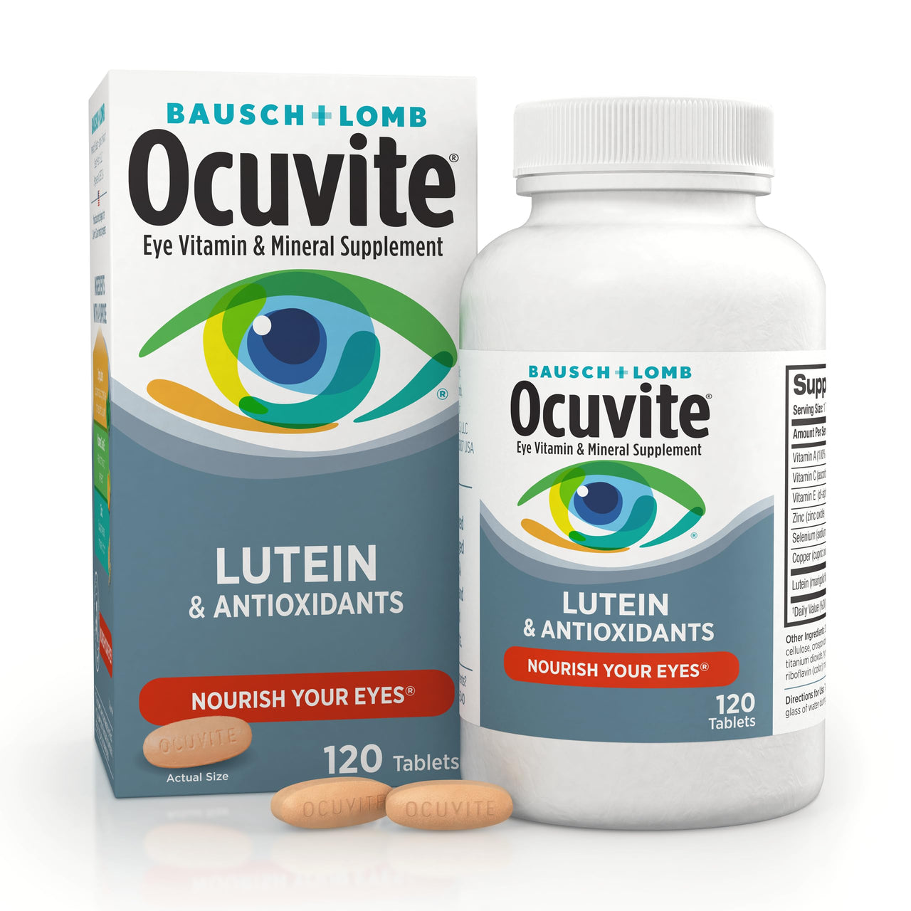 Bausch + Lomb Ocuvite Vitamin & Mineral Supplement Tablets with Lutein, 120 Count Bottle (Pack of 3)