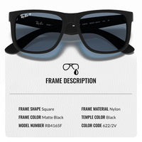 Thumbnail for Ray-Ban RB4165F JUSTIN CLASSIC LOW BRIDGE FIT POLARIZED Square Shaped Sunglasses for Men & Women – Includes Official Rayban Eyewear Kit – Ideal Formal & Casual Wear Sunglasses – Blue Mirror Lens