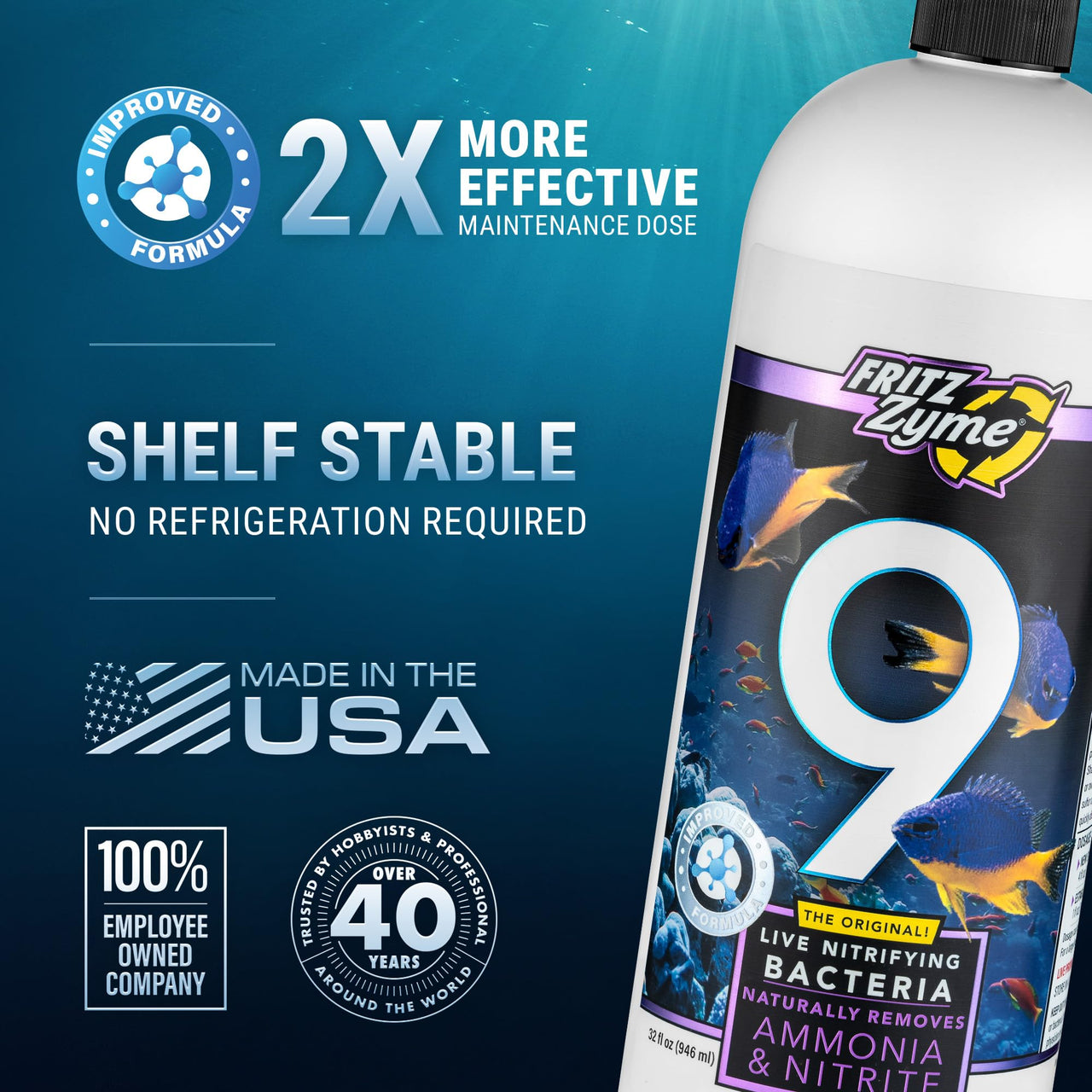 Fritz Aquatics FritzZyme 9 Live Nitrifying Bacteria Naturally Removes Amonia & Nitrite for Saltwater Fish (32-Ounce)