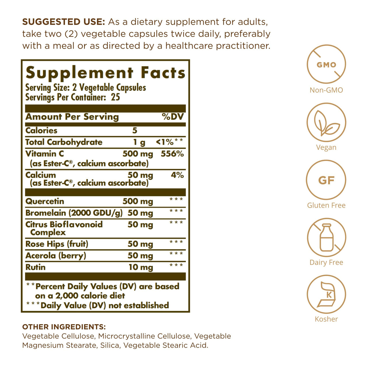 Solgar Quercetin Complex with Ester-C Plus - 50 Vegetable Capsules - Immune Health Support - Gentle on The Stomach Vitamin C - Non-GMO, Vegan, Gluten Free, Kosher - 25 Servings