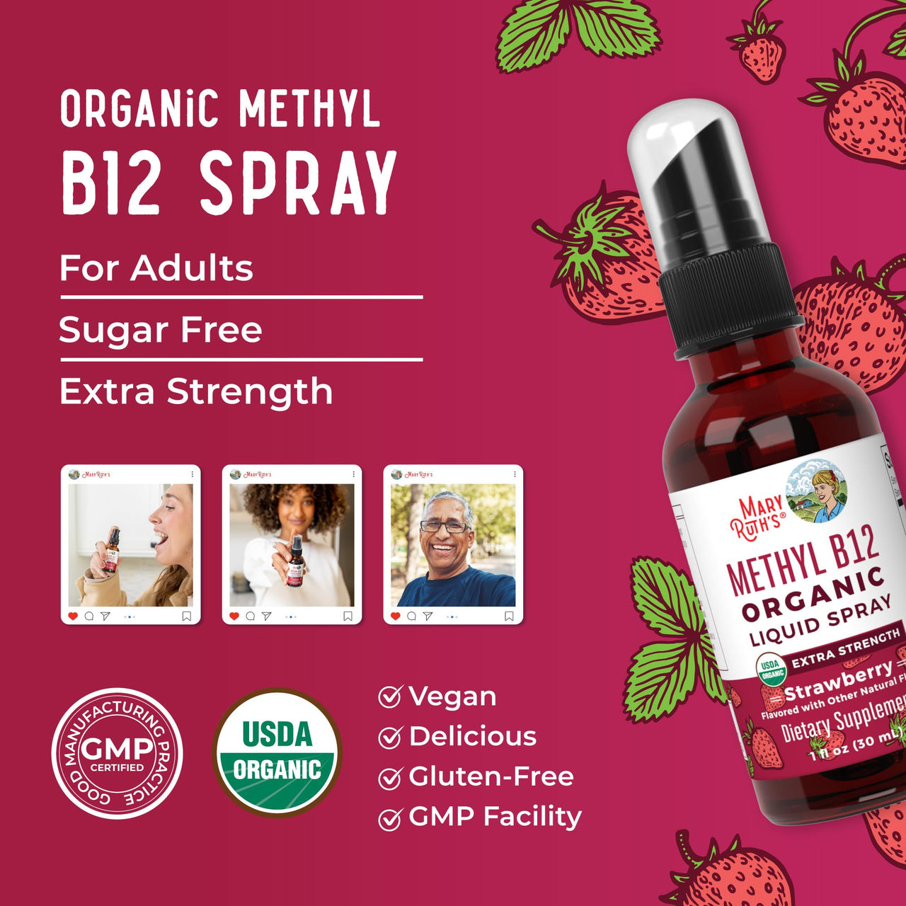 MaryRuth Organics Vitamin B12 Liquid Spray | Vegan, Non-GMO, Gluten-Free | USDA Organic Supplement | Energy & Nervous System Support | B12 Vitamins for Women & Men | 720 mcg | 1 Fl Oz