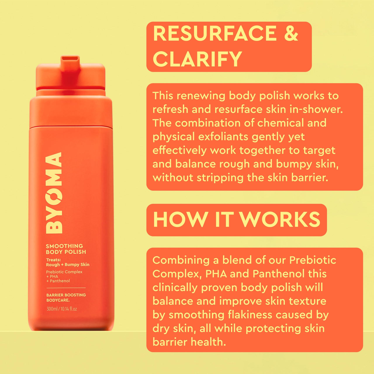 BYOMA Smoothing Body Polish - For Breakouts & Textured Skin - Exfoliating Body Scrub with PHA & Panthenol - Restores Skin Barrier & Soothes Inflammation - 10.14 fl oz